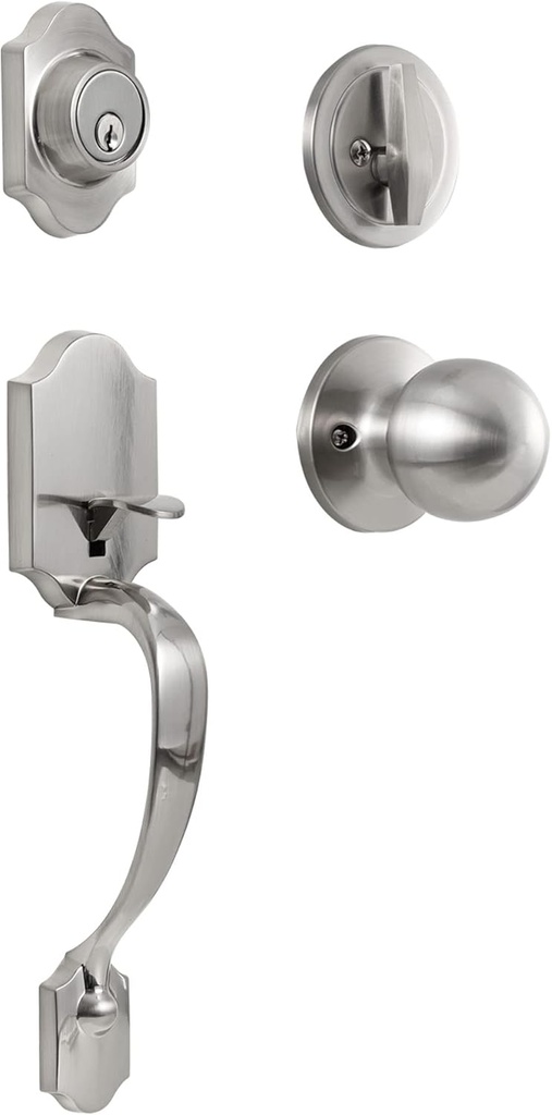 KIAYACI Front Door Lock Set Silver Door Handle Exterior Door Lock Set with Deadbolt Single Cylinder HandleSet Curved Handle Lower Half Grip Round Knob Satin Nickel Front Door Knob