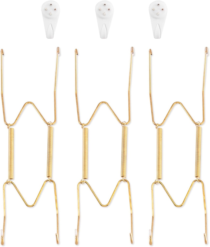 3 Pack Plate Hangers for The Wall, Suitable for 8-10 inch Art Plate, Stainless Steel Invisible Heavy Duty Wire Plate Holder with Wall Hooks, Plate Hangers for Displaying Plates, Platter, Dish, Gold
