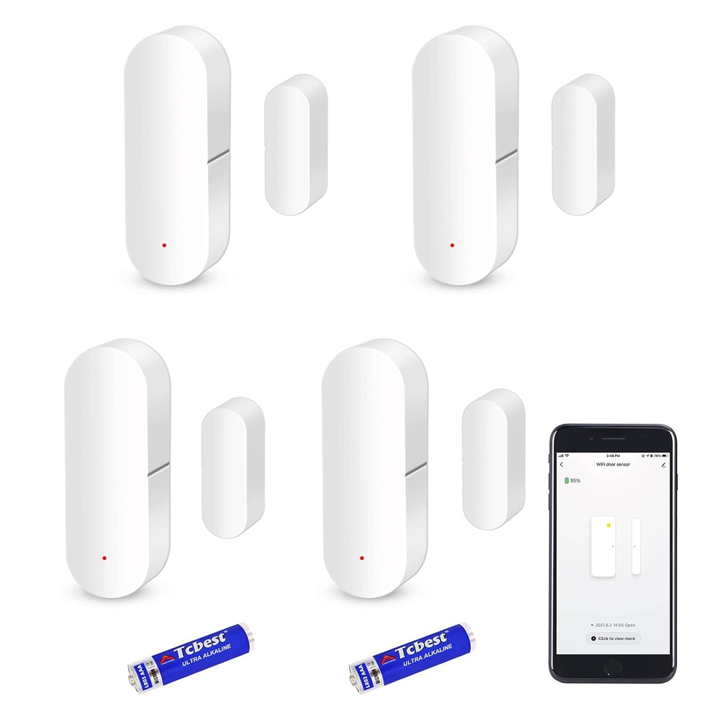 WiFi Door Sensor, Smart Window Contact Sensor for Home Security, Wireless Window Door Sensor Alarm Compatible with Alexa and Google Assistant, No Hub Required,(8 AAA Batteries Included) 4 Pack