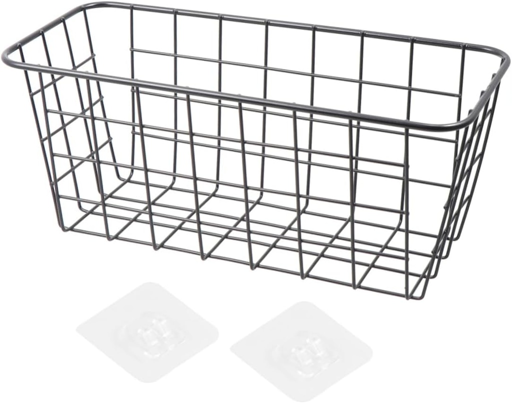 Wrought Iron Hanging Storage Basket for Kitchen Bathroom Office Organizer Sticky Hooks for Reducing Clutter and Easy Access to Spices and Supplies Black
