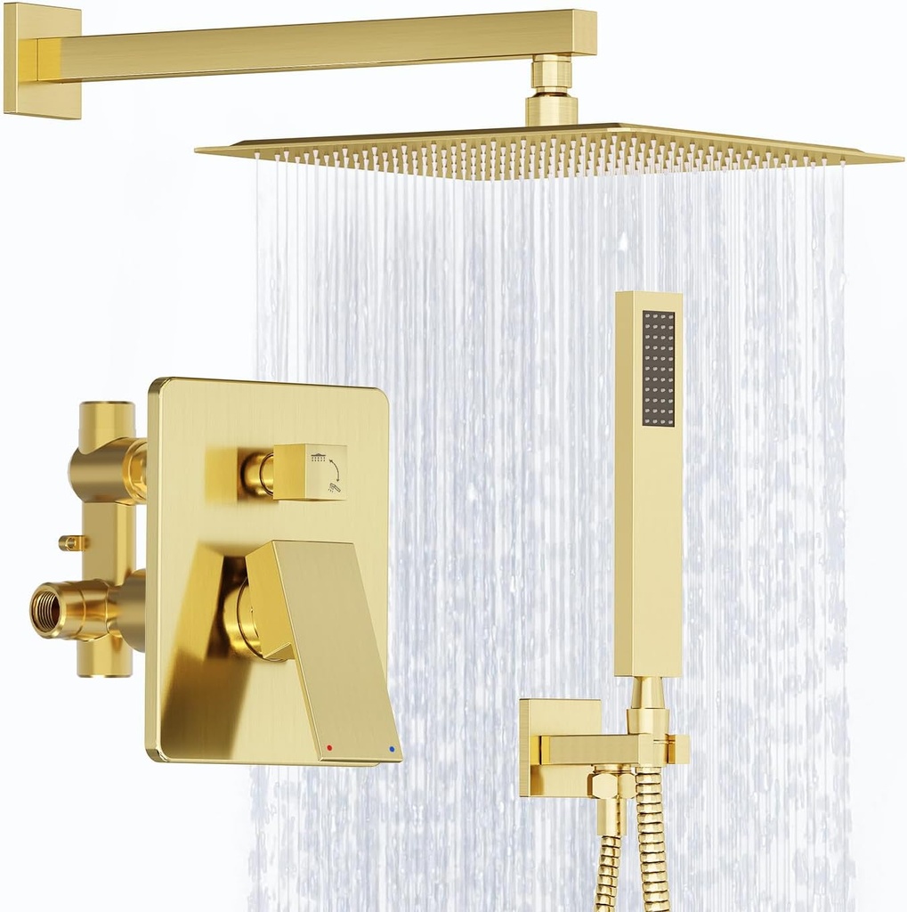 Shower System, Gold Shower Faucet Set with Shower Valve and Trim Kit, 12 Inch Rain Shower Head with Handheld Spray, Brushed Gold Shower Head and Handle Set, High Pressure Shower Head System