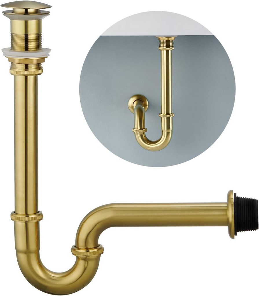 Brass P Trap with Bathroom Sink Stopper : 1-1/4 Sink Drain Bottle Trap Set No Overflow - Adjustable Height, Brushed Gold - Complete Basin Sink Plumbing Kit for Pipe Replacement