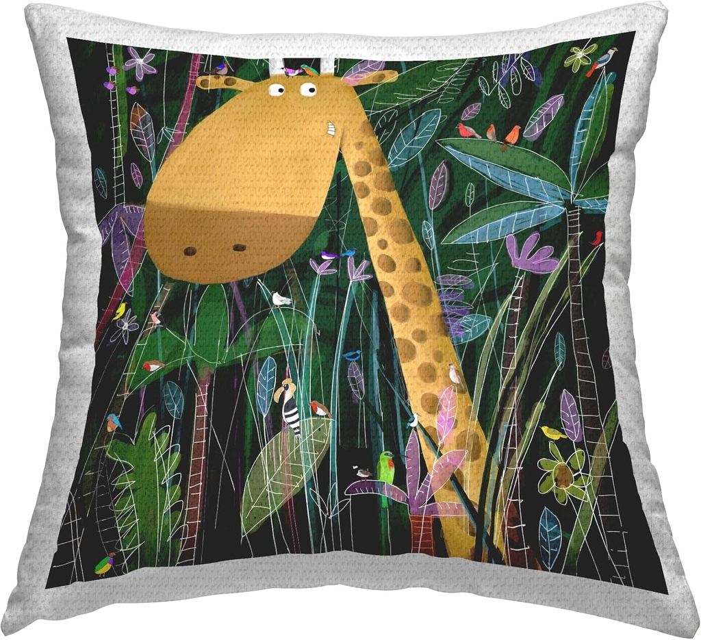 Stupell Industries Giraffe & Birds in Jungle Nature Outdoor Printed Pillow, 18 x 18, Green