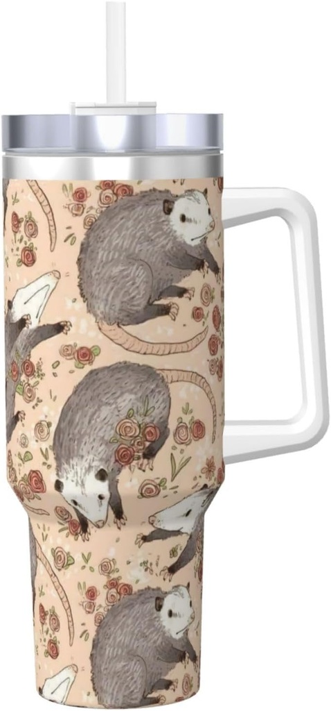 Befuddled Possums Flowers 40 Oz Tumbler With Handle And Straw Lid, Insulated Reusable Stainless Steel Travel Mug Iced Tea Or Coffee, Smoothie And More