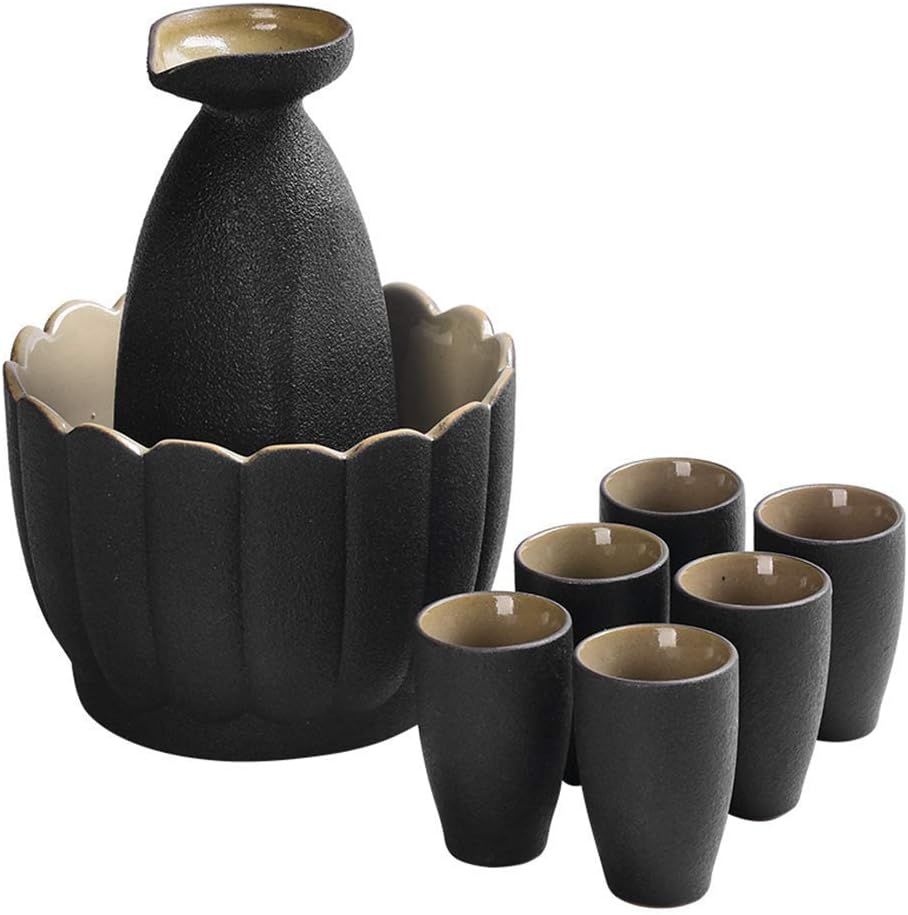 9 Piece Japanese Sake Set, Black Glaze Wine Glasses Set with Warmer Pot and Candle Stove, Quaint Texture, for Warm/Cold Sake Service Best Gift for Family and Friends-Dinnerware Sets