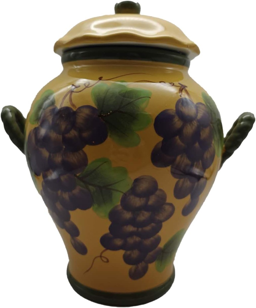 ACK Tuscany Grape Hand Painted Ceramic Cookie Jar with Lid and and Rubber Seal, Food Storage Jar, Kitchen Décor, Snack Storage Container for Cookie, Candy