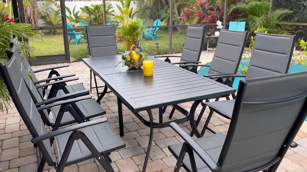PURPLE LEAF Outdoor Dining Set for 8 with All-Aluminum Black Slat Table and Padded Folding Chairs Modern Patio Furniture Dining Table Set ldeal for Deck Under Pergola Poolside Outdoor Kitchen, Grey