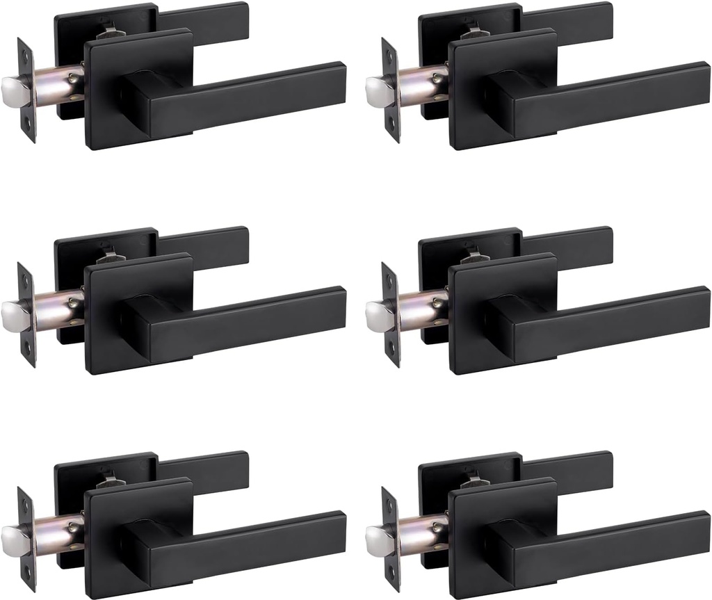 Passage Door Lever Dummy GreenShield Exterior Interior Door Handle for Hallway Closet Heavy Duty Non-Locking Lever Sets No Key Door Knob for Right Left Handed Door (6 Pack, Matte Black)