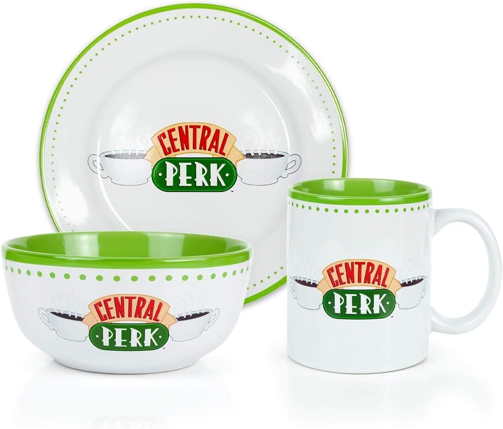 Friends Central Perk Coffee House Themed Dinnerware Dining Set | Official Friends Collectible Ceramic Display | Includes Plate, Bowl, And Mug | 3-Piece Set