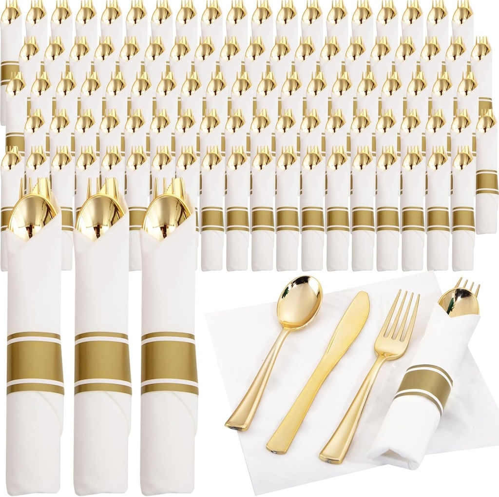 Supernal 120Pack Gold Plastic Silverware Wrapped Plastic Cutlery Set with Napkin,Pre Rolled Napkins with Cutlery Set,Rolled Silverware Disposable For Halloween Thanksgiving Christmas