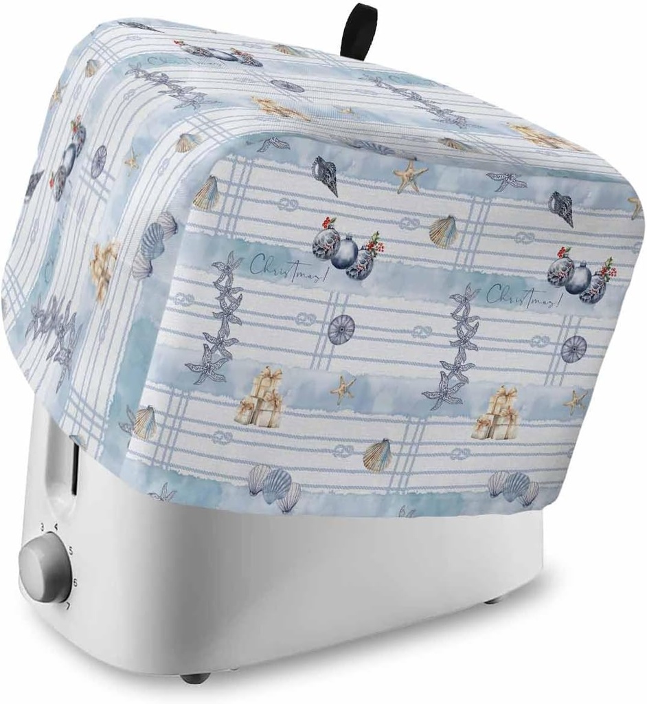 Christmas Coastal 2 Slice Toaster Cover, Blue Nautical Conch Starfish Xmas Small Appliance Cover Toaster Dustproof Fingerprint Protectors Machine Washable, Small Size Bread Machine Cover