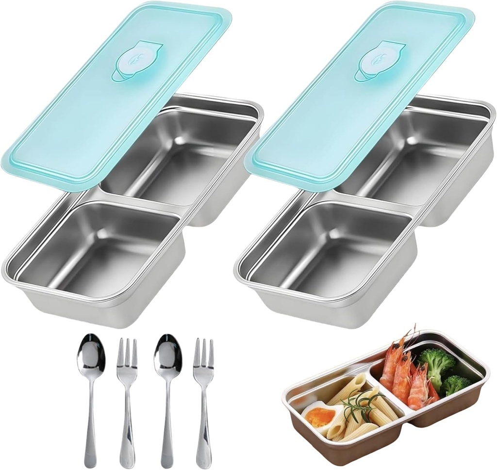 Grab and Go Snack Containers Reusable, Stainless Steel Double Compartment Snack Containers with Stainless Steel Knife and Fork, Metal Container with Lids for Snacks Dips Outdoor Camping (2)