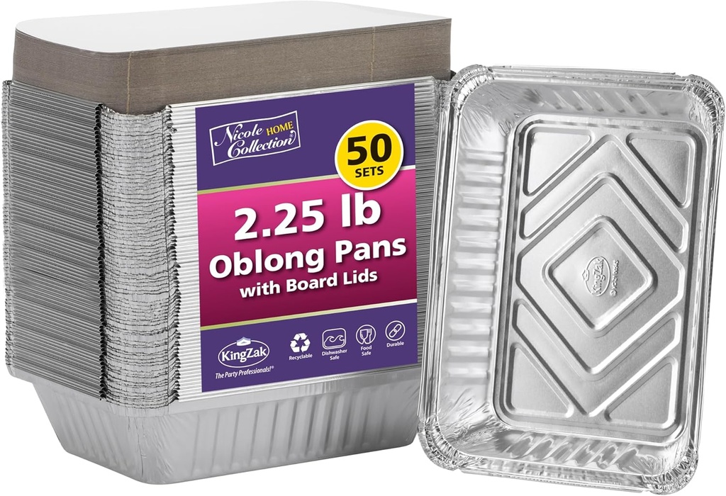 Aluminum Pans With Lids - 50 Count - 2.25LB (8.5"x6") Oblong Pans - To Go Containers With Lids - Disposable Tin Foil Pans - Perfect For Catering, Meal Prep, Baking, Freezer Safe