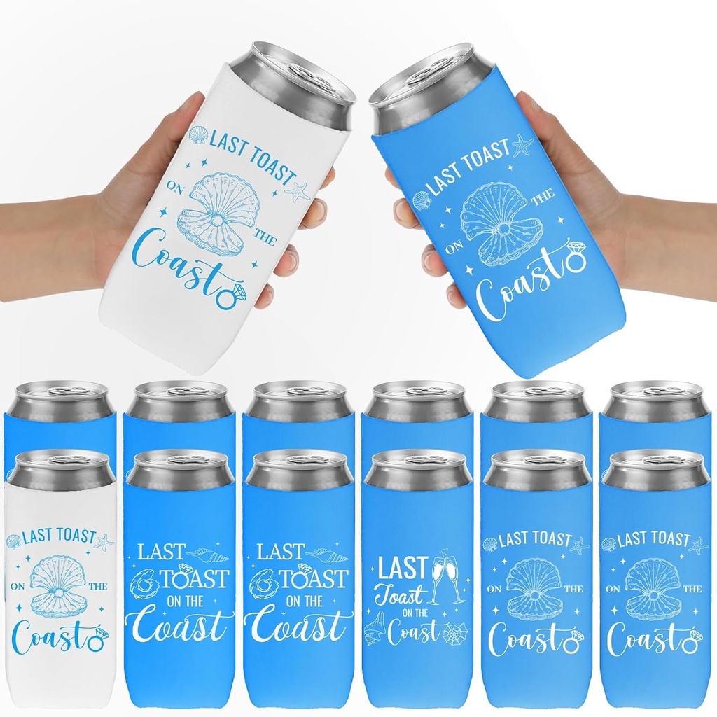 Last Toast On The Coast Bachelorette Can Coolers, 12 Pcs Slim Bachelorette Insulated Beer Cans Sleeves, Blue Bachelor Party Decorations for Bridesmaids Bridal Shower Beach Wedding Party Favors Gifts