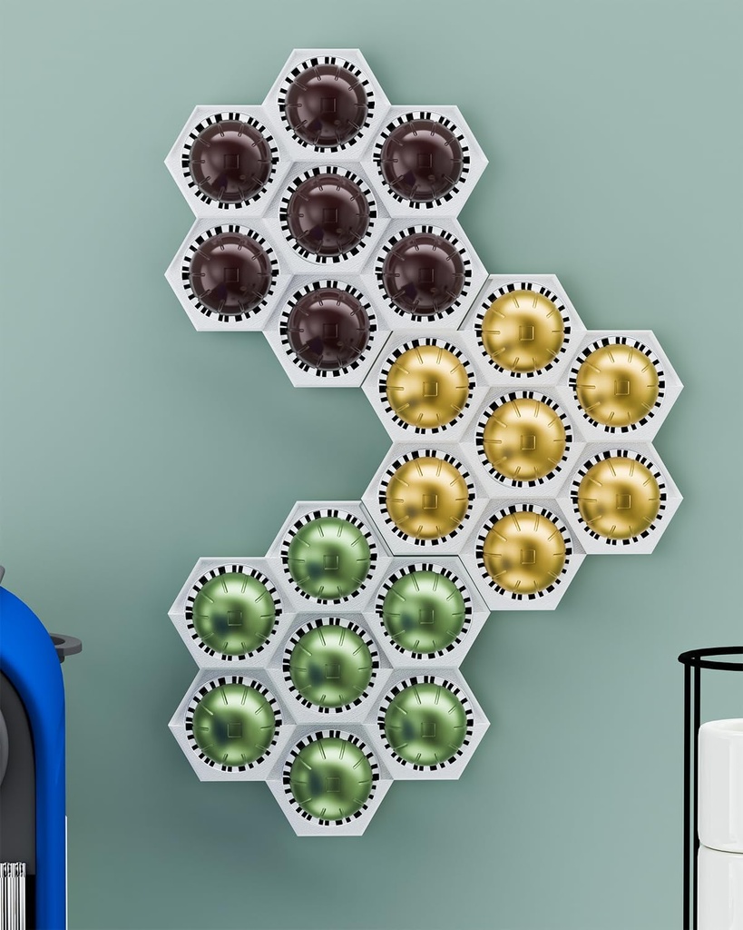 Coffee Pod Holder for Nespresso Vertuo Pod 3 Pack - Holds 21 Capsules, Modular Wall or Cabinet Mounted, Honeycomb Coffee Pod Rack with Strong 3M Adhesive Strips for Kitchen, Home(White)