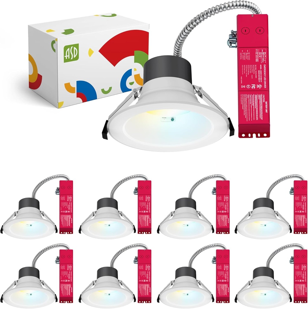 ASD Commercial LED Downlight 6 Inch with Emergency Battery Backup 15W, Power Adjustable Downlights 12/16/22/26/30W, Recessed Lighting 120-277V, 5 CCT 2700K-5000K, Dimmable, IC Rated, White ETL, 8 Pack