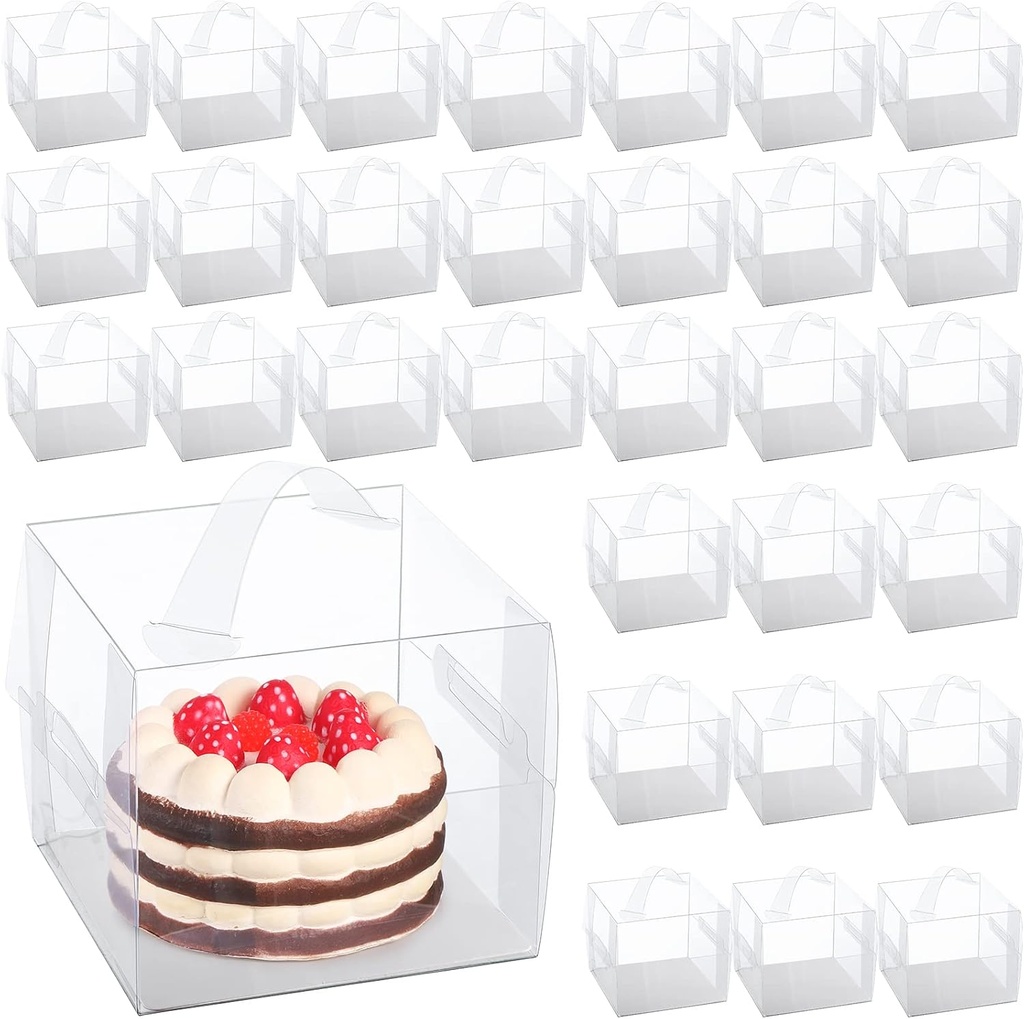 32 Pcs Clear Cake Box with Handles 6 x 6 x 5 Inch Transparent Bakery Boxes Cupcake Carrier Plastic Gift Containers with Lid for Birthday Wedding Christmas Festival Party Favors