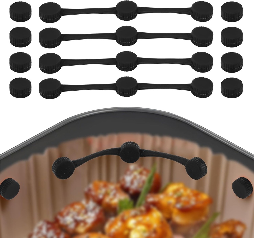 Air Fryer Magnet Kit, Universal Fit with 4 Silicone Strips and 8 Buckles High Temp Resistant Food Grade Holds Parchment Liners Securely & Protects Basket (Black)