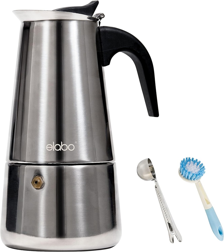 elabo Stovetop Espresso Machine and Moka Pot for Gas or Electric Ceramic Stovetop, Italian Espresso Coffee Shot Maker for Italian Espresso, Cappuccino and Latte, Stainless Steel 304, 10 Cups