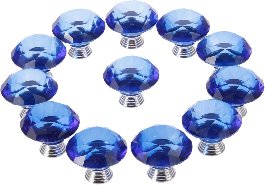Mtsooning 12PCS Blue Diamond Knobs, 1.57 Inch Crystal Glass Pull, Cabinet Handle with 3 Size Screws for Kitchen, Bathroom, Drawers, Dresser, Office