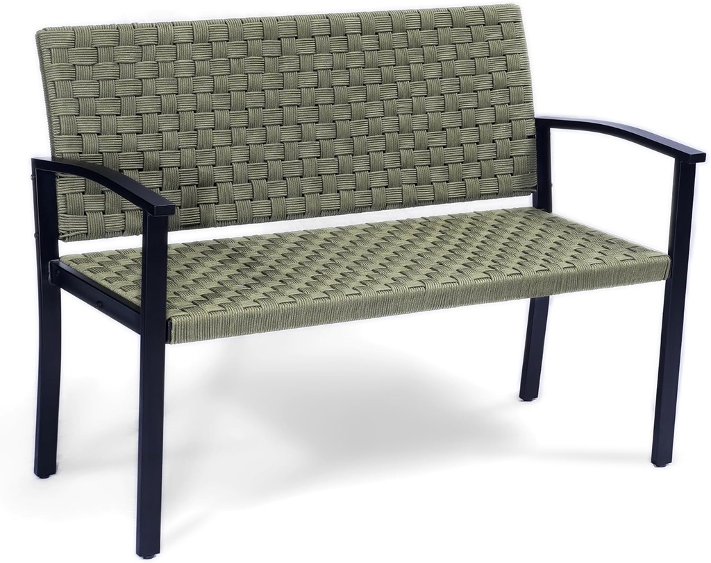 Chelsea Olive Patio Loveseat All-Weather Rope Outdoor Bench with Metal Armrest, Patio Outdoor Furniture Ideal Garden Bench for Balcony, Lawn, Backyard and Deck (Green)