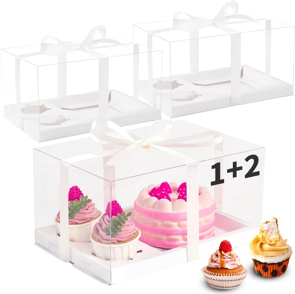 JCD 9 Pcs Cake Cupcake Combo Boxes,1+2 Cupcakes carriers 2 Cupcakes Holes,with 2 Cupcake Holes - Cake and Cupcakes Boxes - Pastry Sweets Bento Box (1+2/9Pcs)