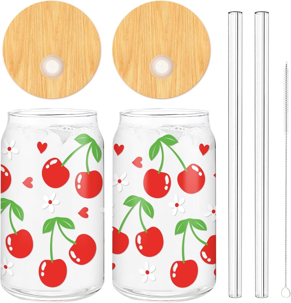 Whaline 2 Pack Cherry Iced Coffee Cup Red Cherry Flower Heart Drinking Glasses Cute Beer Can Glass with Lid Straw Cleaning Brush for Home Office Women Gifts,16oz