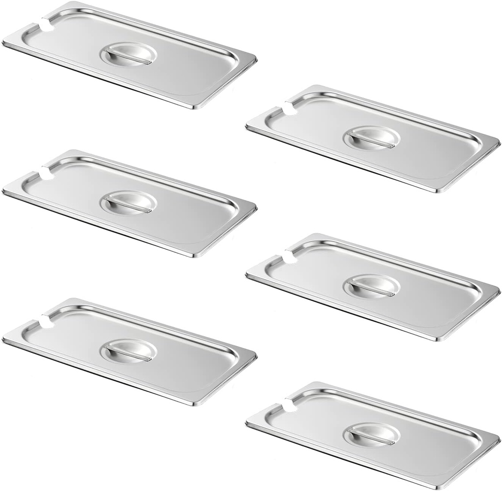 HECMAC 6-Pack 1/3 Size Slotted Hotel Pan Cover, Heavy Duty, Stainless Steel Solid Steam Table Catering Food Pan Lid with Handle