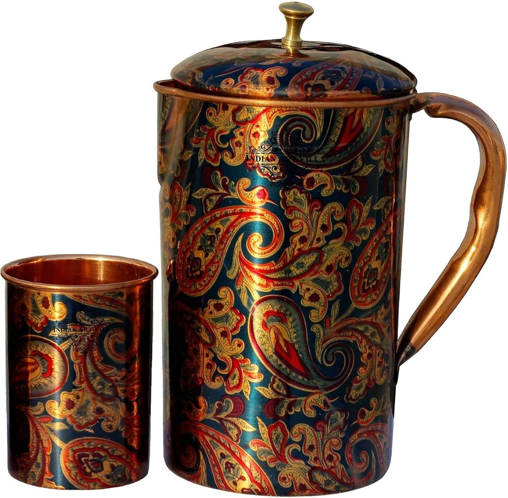 Indian Art Villa Printed Design Pure Copper 1 Jug 1 Glass Set, Drinkware, Storage & Serving Water, Color- Blue, Jug-50 Oz & Glass- 10 Oz, 2 Pieces Set