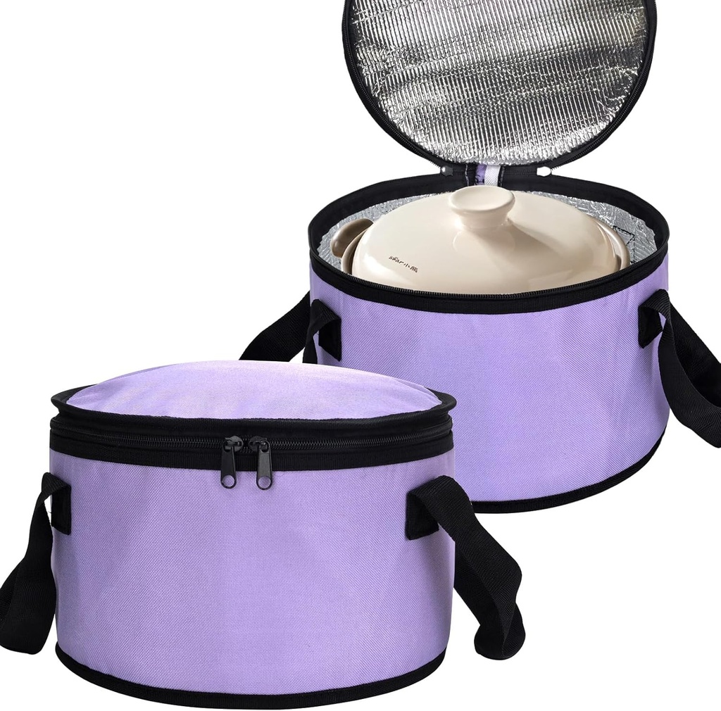 Set of 2 Polyester Fabric Round Thermal Casserole Carrier,Reusable Insulated Lunch Cooler Bag,Pie Carrier for Potluck,Picnics,Collapsible Cooler for Hot/Cold Food,11X7 inch (Purple)
