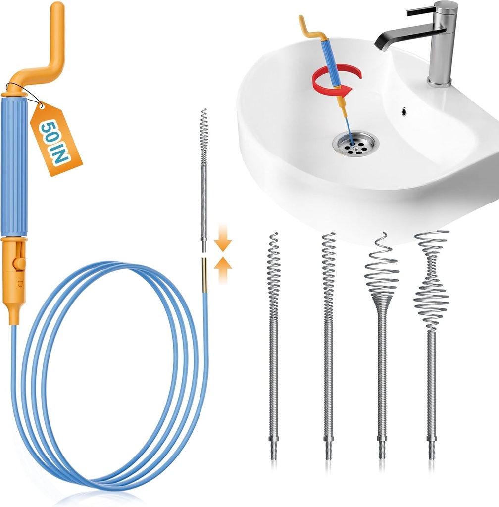 50 Inch Drain Snake Hair Drain Clog Remover, Replaceable & Reusable Sink Snake with 5 Spring Heads & Rotating Handle, Anti-break Steel Sink Drain Cleaner for Bathroom, Shower, Bathtub