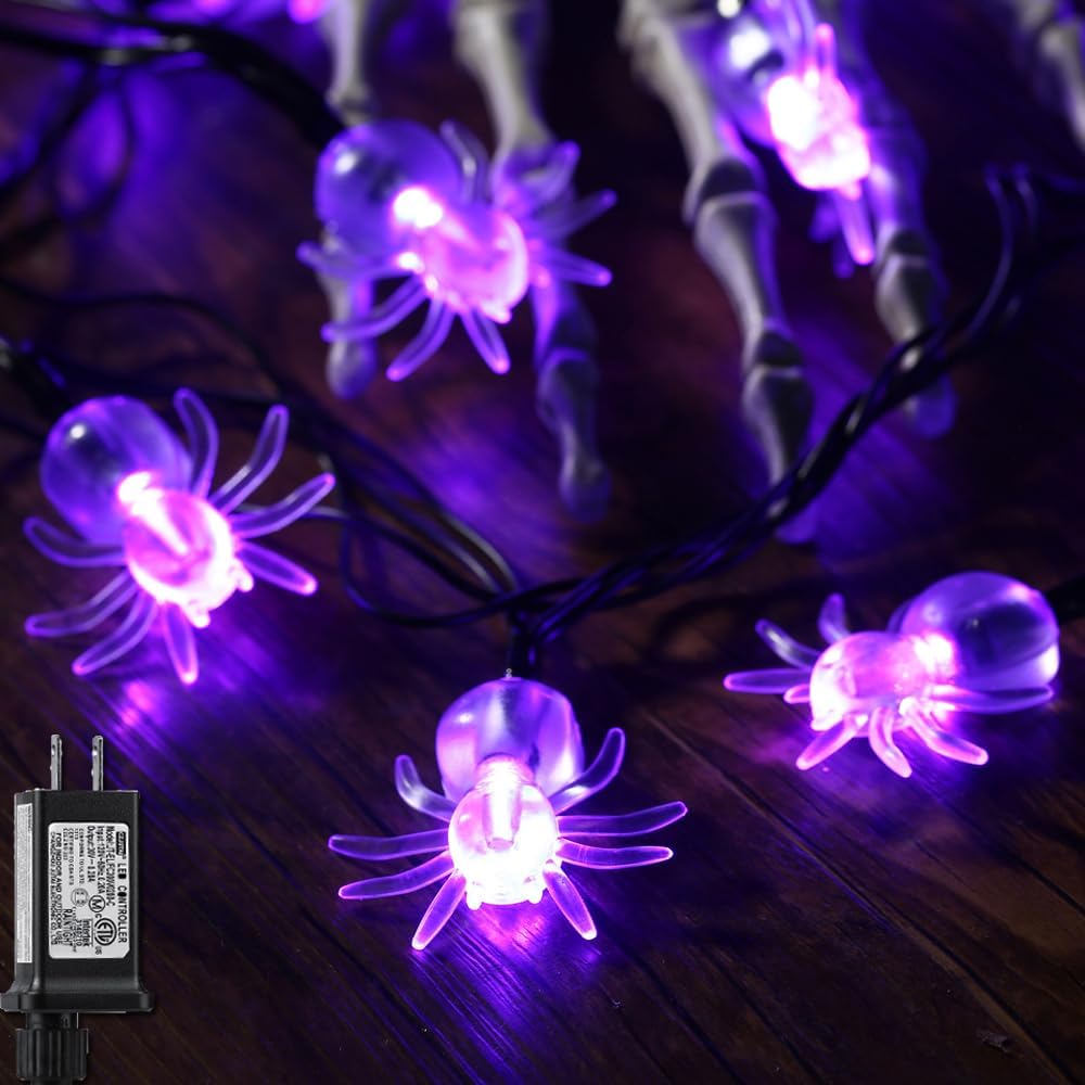 70 LED Spider String Lights - 22.6ft Halloween String Lights, Waterproof Plug in Light for Outdoor, Indoor Decor - Halloween Lighting for Yard, Home, Halloween Party Decorations (Purple)