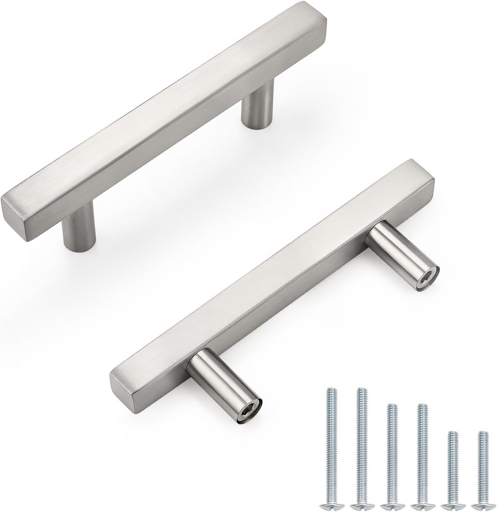 Probrico Cabinet Handles-Pack of 5 Satin Nickel 3inch (76mm) Hole Centers Square T Bar Kitchen Cabinet Handles Drawer Pulls for Kitchen Furniture Hardware