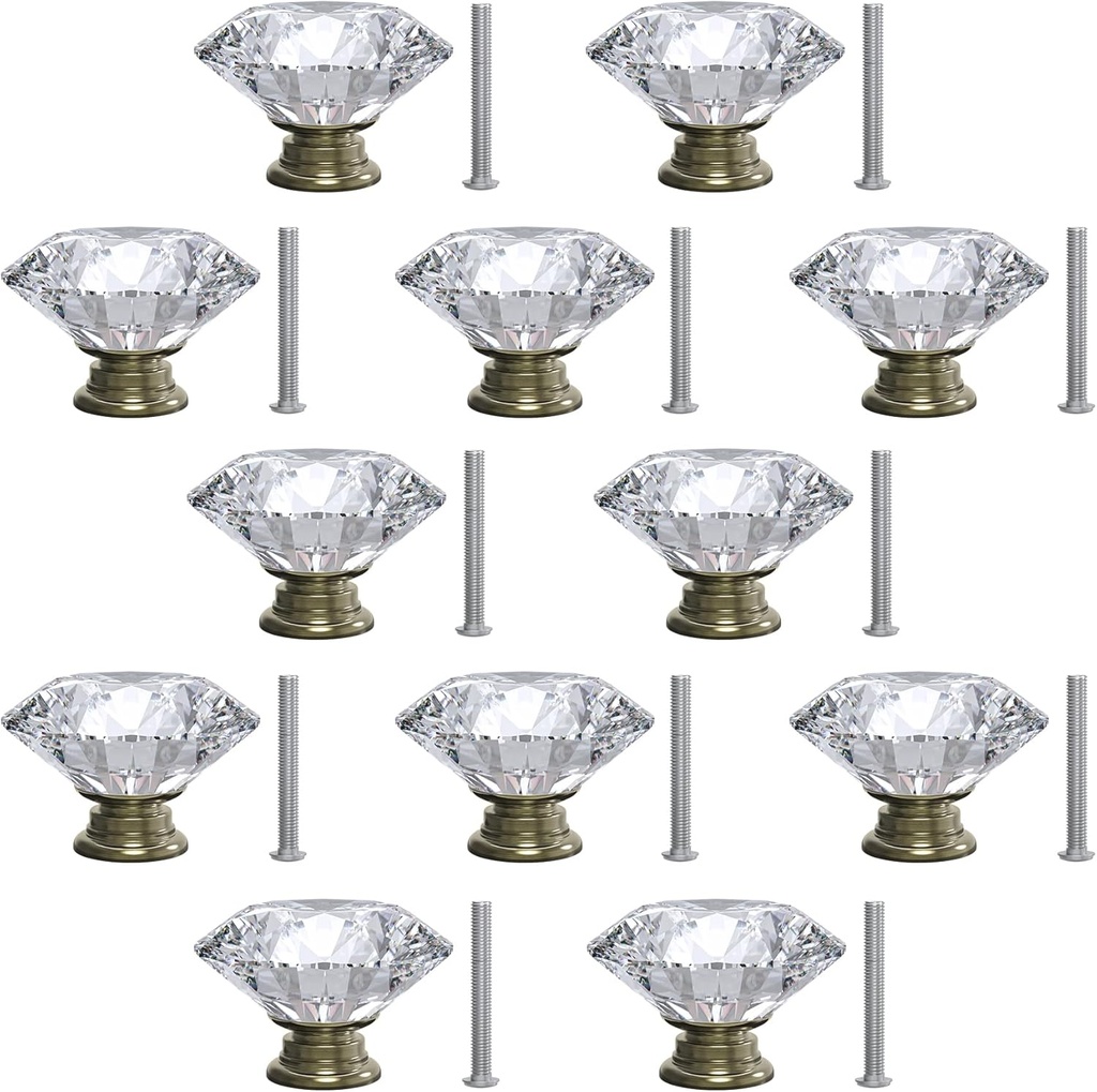 12-Pack Crystal Glass Cabinet Knobs for Home Decor, Vanity Drawers, Desks, Wardrobe Doors, Standard Screws Easy Installation for Home Refurbishment and Redecoration (Clear Crystal, 30mm, Bronze Base)