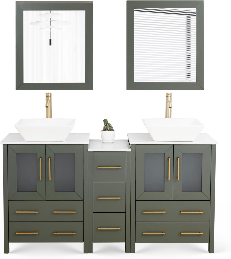 Vanity Art 60 Inch Vessel Double Sink Bathroom Vanity Cabinet with 2 Mirrors, Engineered Marble Top Bathroom Cabinet Compact Set with 7 Dovetail Drawers and Soft Closing Doors, VA3124-60-VG