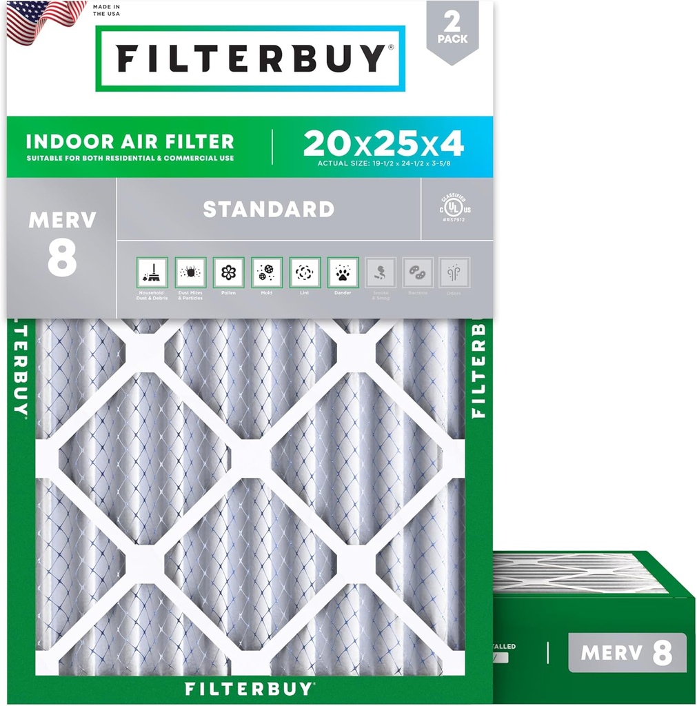 Filterbuy 20x25x4 Air Filter MERV 8 Essential Dust & Allergy Defense (2-Pack), Electrostatic Pleated HVAC AC Furnace Filters Replacement, Made in USA (Actual Size: 19.50 x 24.50 x 3.63)