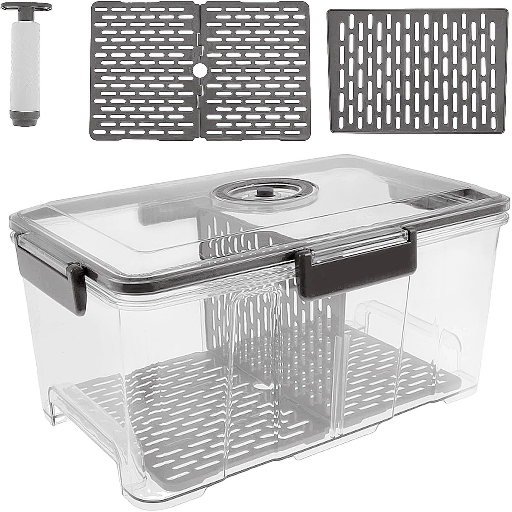 Bread Box for Kitchen Countertop, Rectangular Airtight Bread Storage Extra Large Transparent Bread Keeper Time Recording Container Boxes with Vacuum Pump, Household Detachable Bread Box (grey)