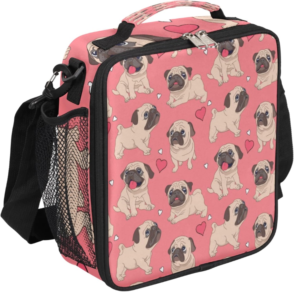 Cartoon Pugs Puppies Heart Print Insulated Lunch Box Reusable Lunch Bag for Adult Kids Meal Tote Kit Meal Holder for Work School Picnic Outdoor