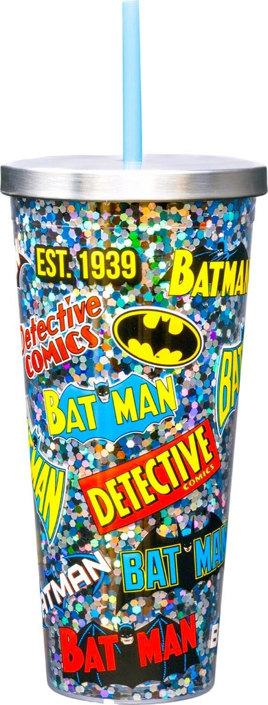 Spoontiques Batman Glitter Cup Tumbler with Stainless Steel Lid and Straw - 20 oz - Acrylic - Multicolored