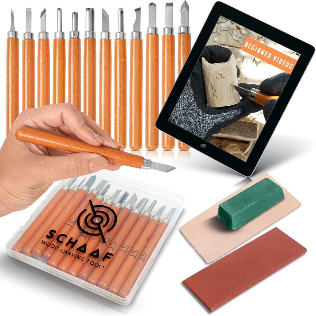 Beginner-Friendly Wood Carving Kit, 15pc Wood Carving Tools Set with Razor Sharp Carving Knives & Mini Chisels, Linoleum Carving, and Woodworking for DIY Crafts from Schaaf (Large)