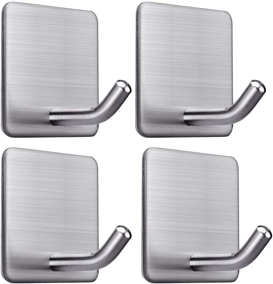 Heavy Duty Adhesive Towel Hooks Stick on Towel Hanger Wall Holder Waterproof Stainless Steel Sticky Hooks for Hanging Bathroom Kitchen Home-4 Packs