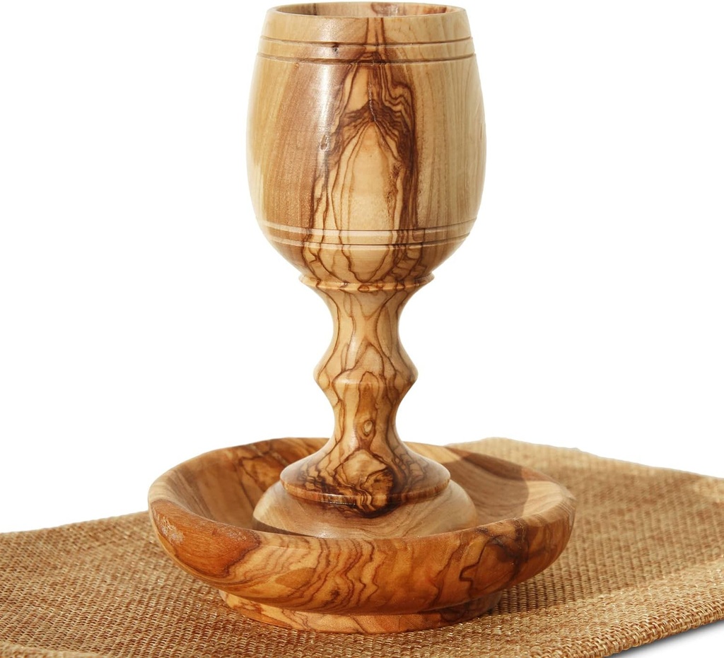 4.5 inche, Hand-Carved Olive Wood Communion Cup with Bread Tray – Small Kiddush Goblet for Eucharist, Holy Communion & Jewish Sabbath – Authentic Bethlehem Craft with Certificate of Origin & Gift Bag