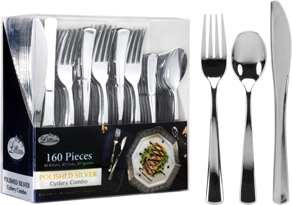 Plastic Cutlery Silverware Extra Heavyweight Disposable Flatware, Full Size Cutlery Combo, Polished Silver, 80 Forks, 40 Spoons, 40 Knifes, Value Pack 160 Count