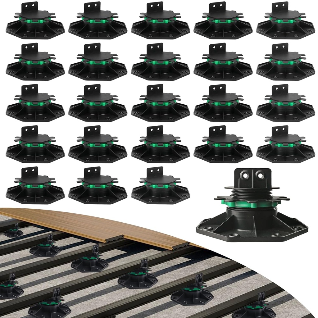 Adjustable Plastic Deck Pedestals, 24 PCS Heavy Duty Deck Blocks Foundation Base Support, Decking Foundation Blocks Level up 1-3/16" to 2-3/8", Deck Pedestal Flooring Platform Joists Beams Support