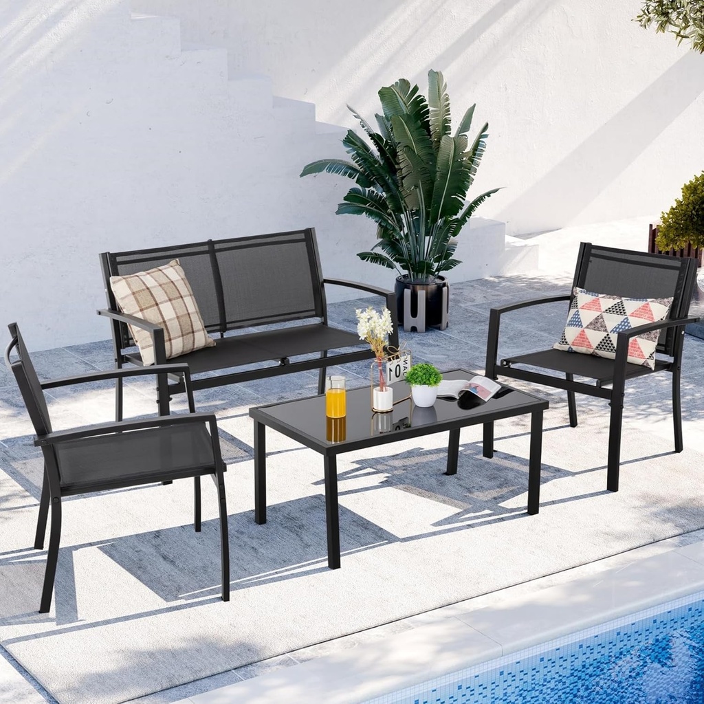 Shintenchi Outdoor 4 Pieces Patio Conversation Furniture Set, Loveseat, 2 Single Chairs & Glass Coffee Table, Breathable Backrest Material for Patio/Garden/Porch, Black
