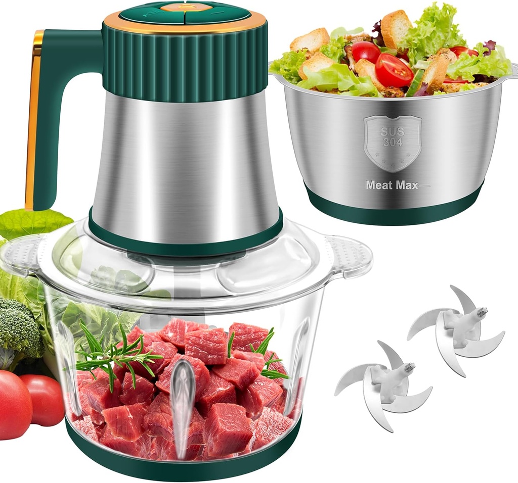 Food Processor, 5-Speed Electric Food Chopper, Meat Grinder with 2 Bowls (8 Cup+8 Cup) & 2 Sets of Blades, Meat Processor for Meat, Vegetables, Fruits and Nuts (Green)