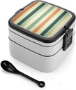 Retro Striped Bento Box Adult Lunch Box All-in-One Lunch Containers with Removable Compartments Double Layer Bento Lunch Box with Spoon And Handle Stackable Lunchbox