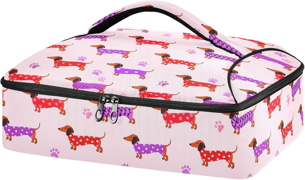 Dachshunds Red Purple Casserole Dish Carrier, Insulated Food Tote Bag for Hot or Cold Dishes, Portable Storage Case for Potluck Picnic Camping Party