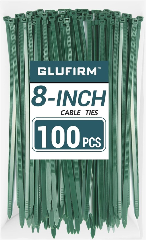 Green Zip Ties 8 inch (100 Pack), 45lb Tensile Strength, Cable Ties for Indoor and Outdoor Use, UV and Cold Resistant Wire Ties for Home, Garden, Fencing, Glufirm