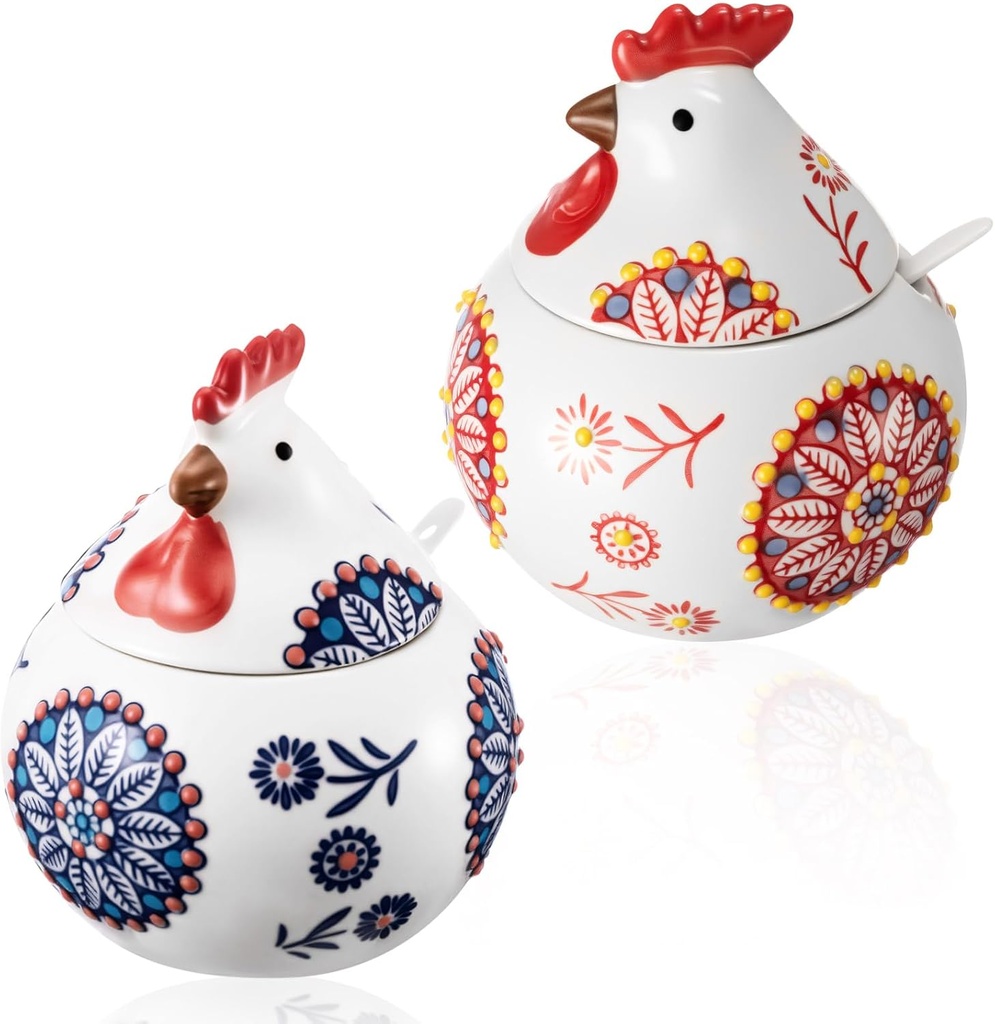 LemonRoad Ceramic Salt Cellar with Lid and Spoon, 13oz Large Chicken Rooster Cookie Jar Salt Containers Holder for Countertop Sugar Spices, Ideal for Adding Charm to Kitchen Christmas Decor(Red,Blue)